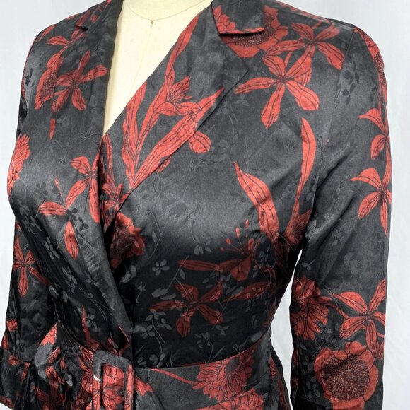 Zara medium silky printed blouse with belt burgundy black witchy corporate goth - Picture 5 of 7